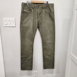 Diesel Thavar Jeans Olive Green Slim Denim Wash 0816N 100% Cow Leather W34 L31